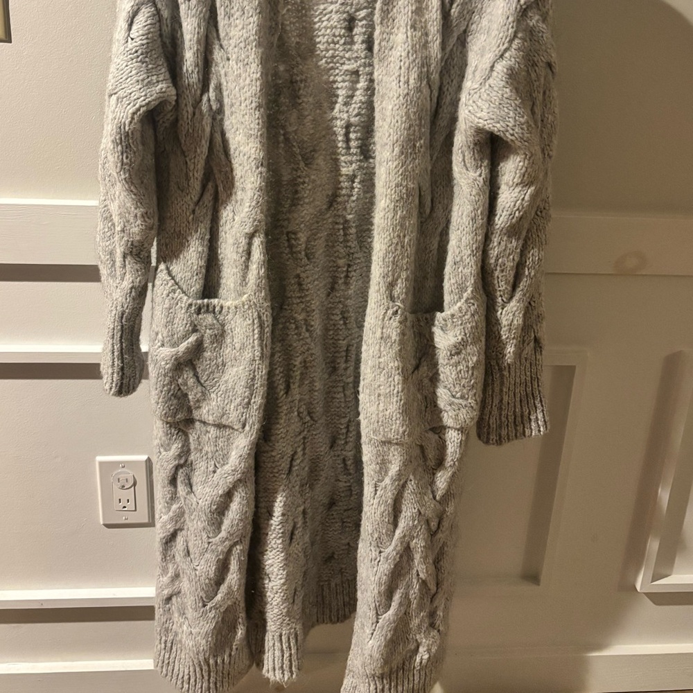 Zara Light Gray Open-Front Cable Knit Cardigan with Pockets size S - Picture 4 of 8